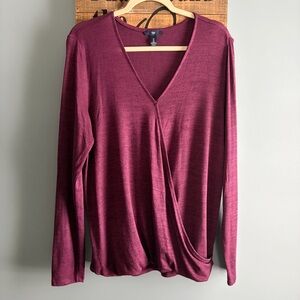 GAP Deep Burgundy Wine Cranberry Long Sleeve V-Neck Wrap Bubble Hem Top